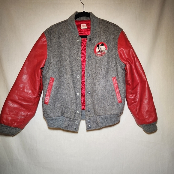 Disney Mickey Mouse Club Vintage Gray and Red Varsity Jacket Size M. Leather - Picture 4 of 6